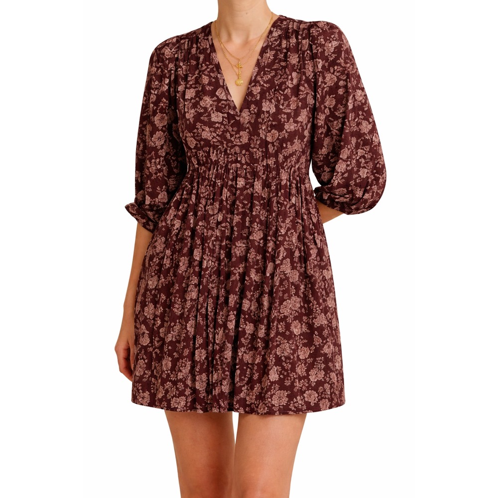 Madewell Splitneck Puff-Sleeve Mini Dress Olivia Floral Dark Fig XL NWT Babydoll